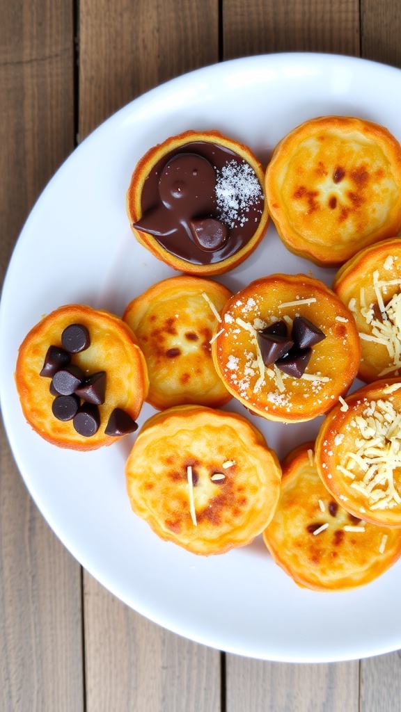 Crispy banana fritters with chocolate chips, cheese, and powdered sugar on a rustic table.